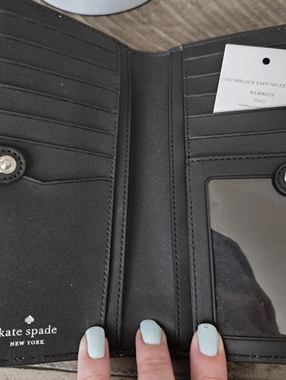 New Kate Spade large slim bifold Wallet Grey and White